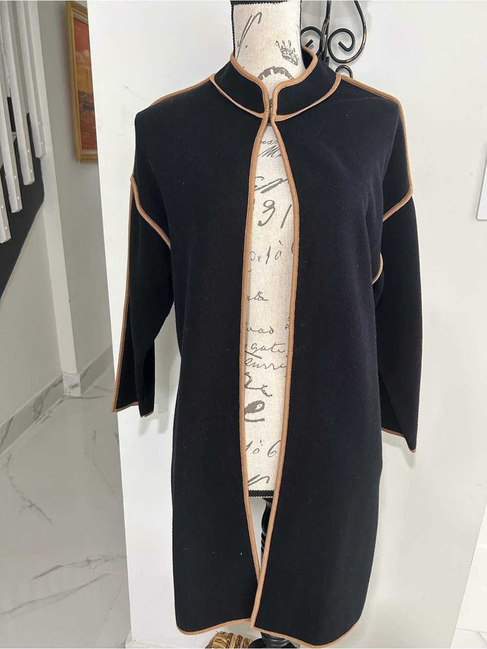 Anne Klein Black Long-Sleeve Open-Front Cardigan with Tan/Gold Trim.